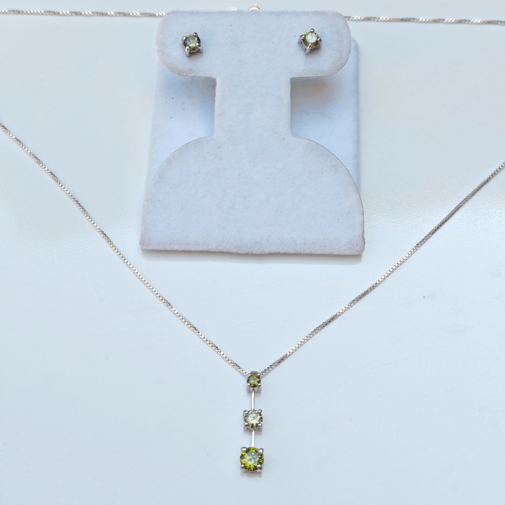 FAS 925 Sterling Silver Olive Green Stone Necklace Stud Earring Set Italy Dainty